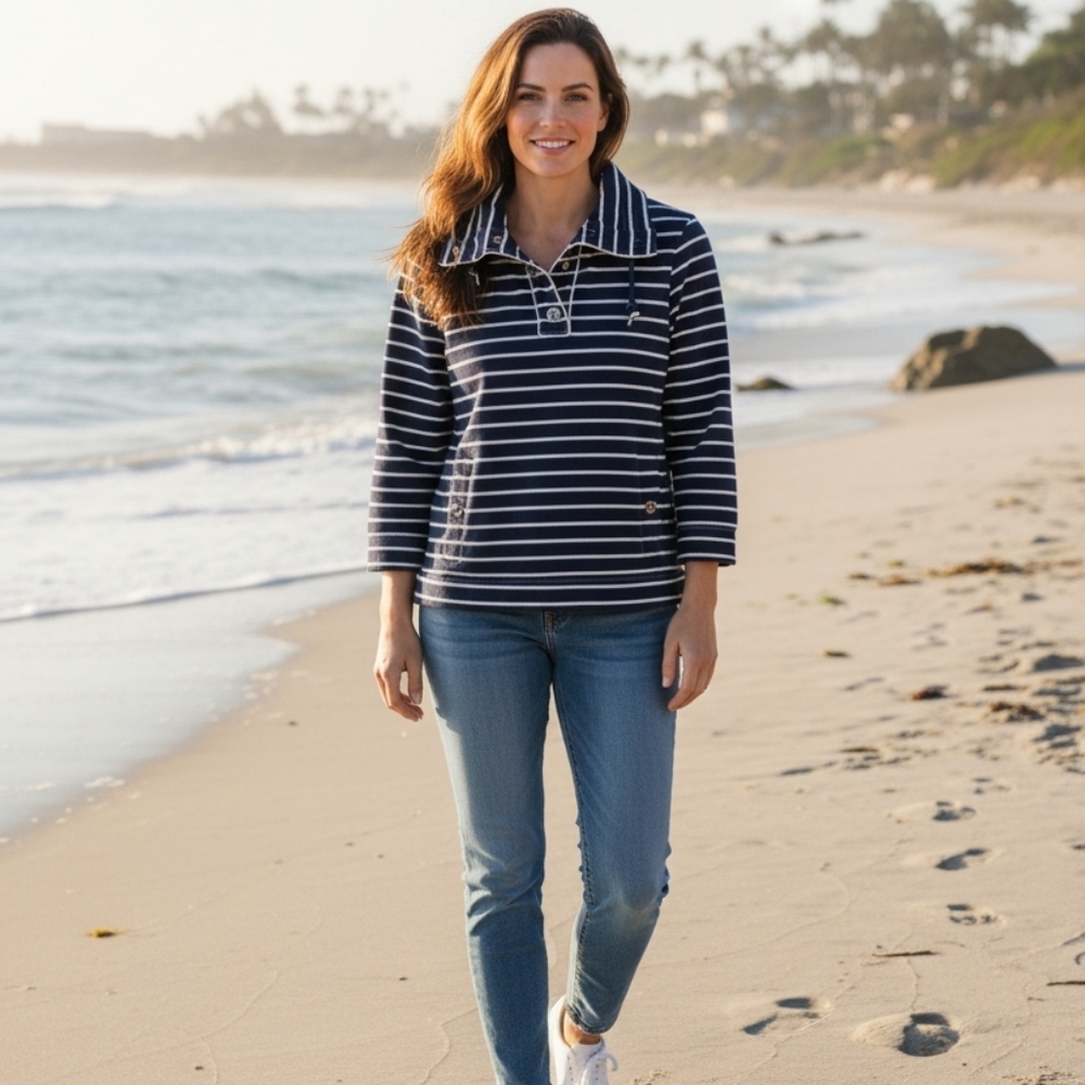 Jones New York Nautical Cropped Navy and White Striped Pullover Sz Small B36